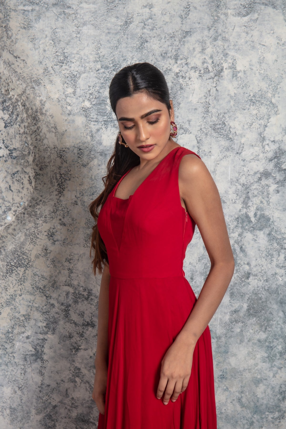 Ravishing Red Flowy Gown with Trail