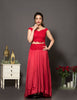 A red off-shoulder lehenga set in cotton satin that has an intricate thread work detailing all over the blouse and the belt.