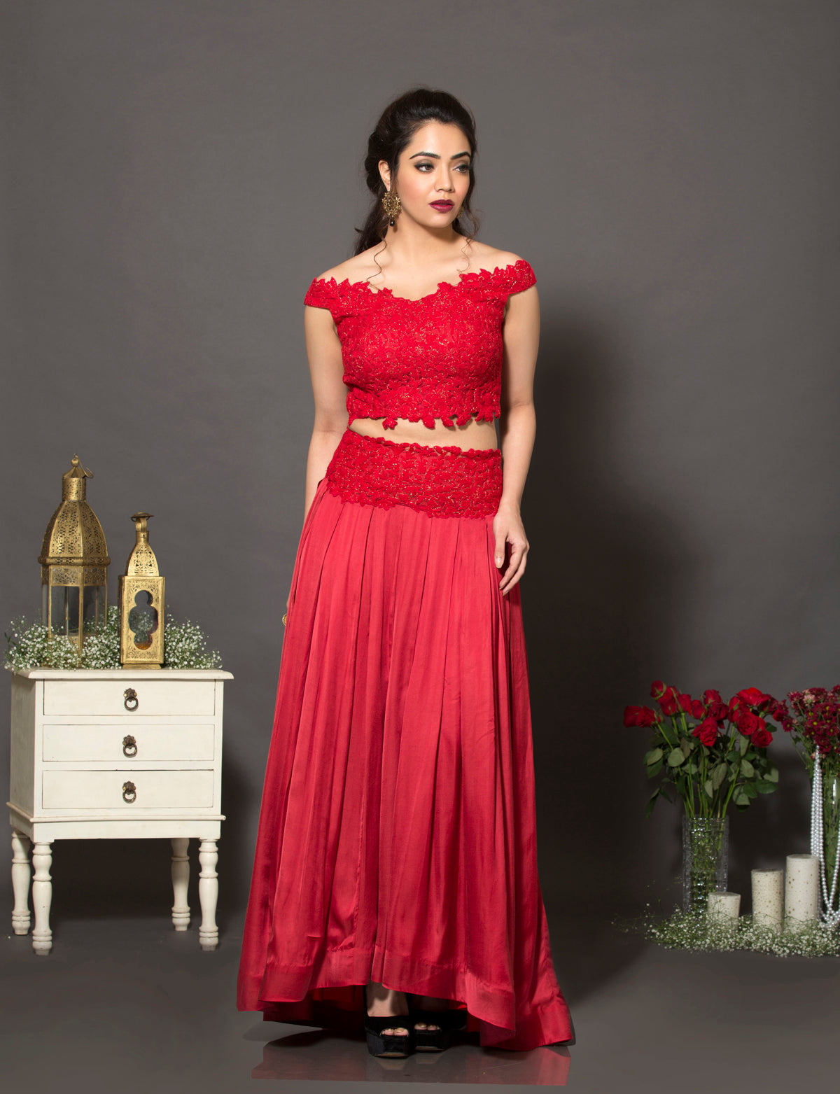 Red off shoulder lehenga set