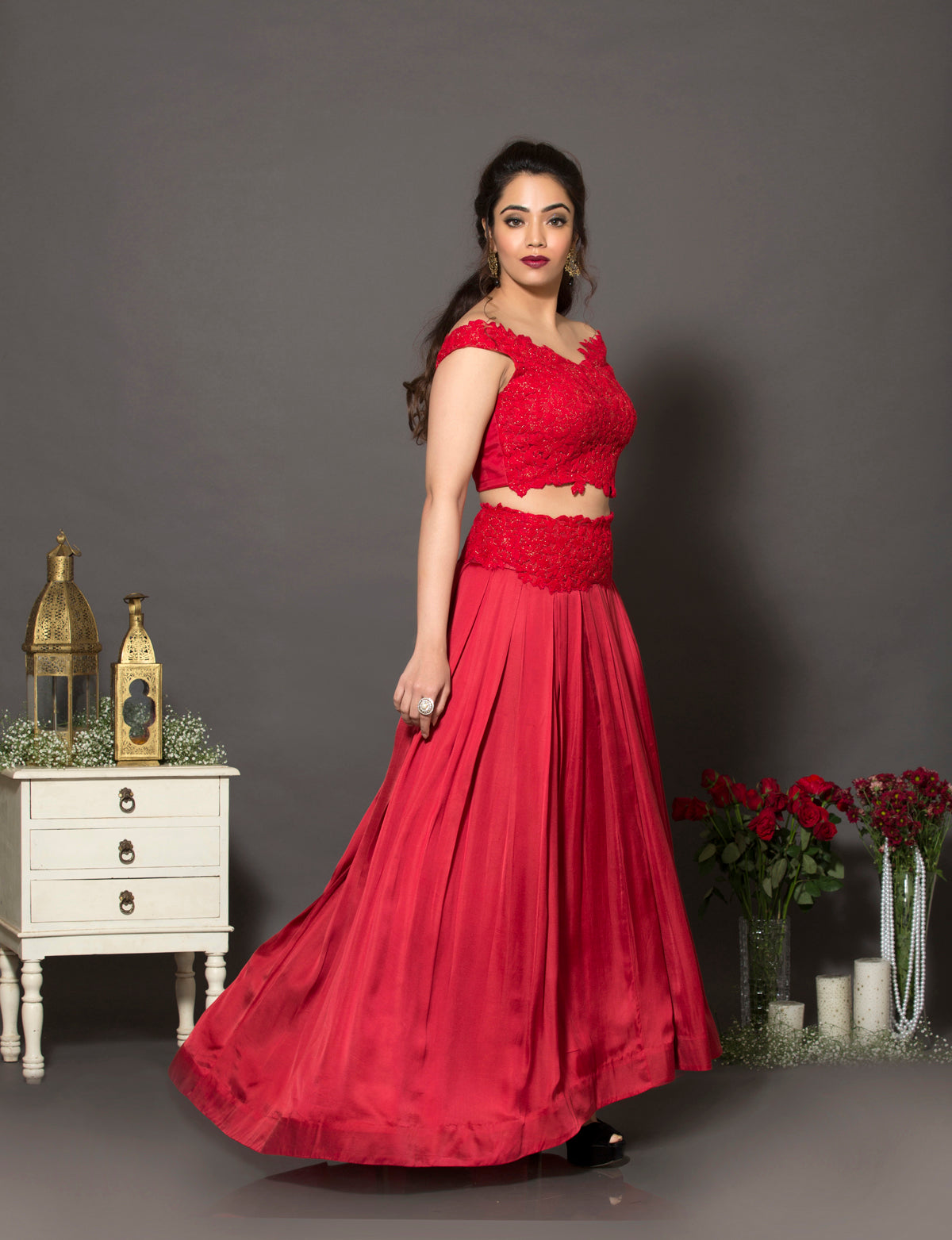 Red off shoulder lehenga set