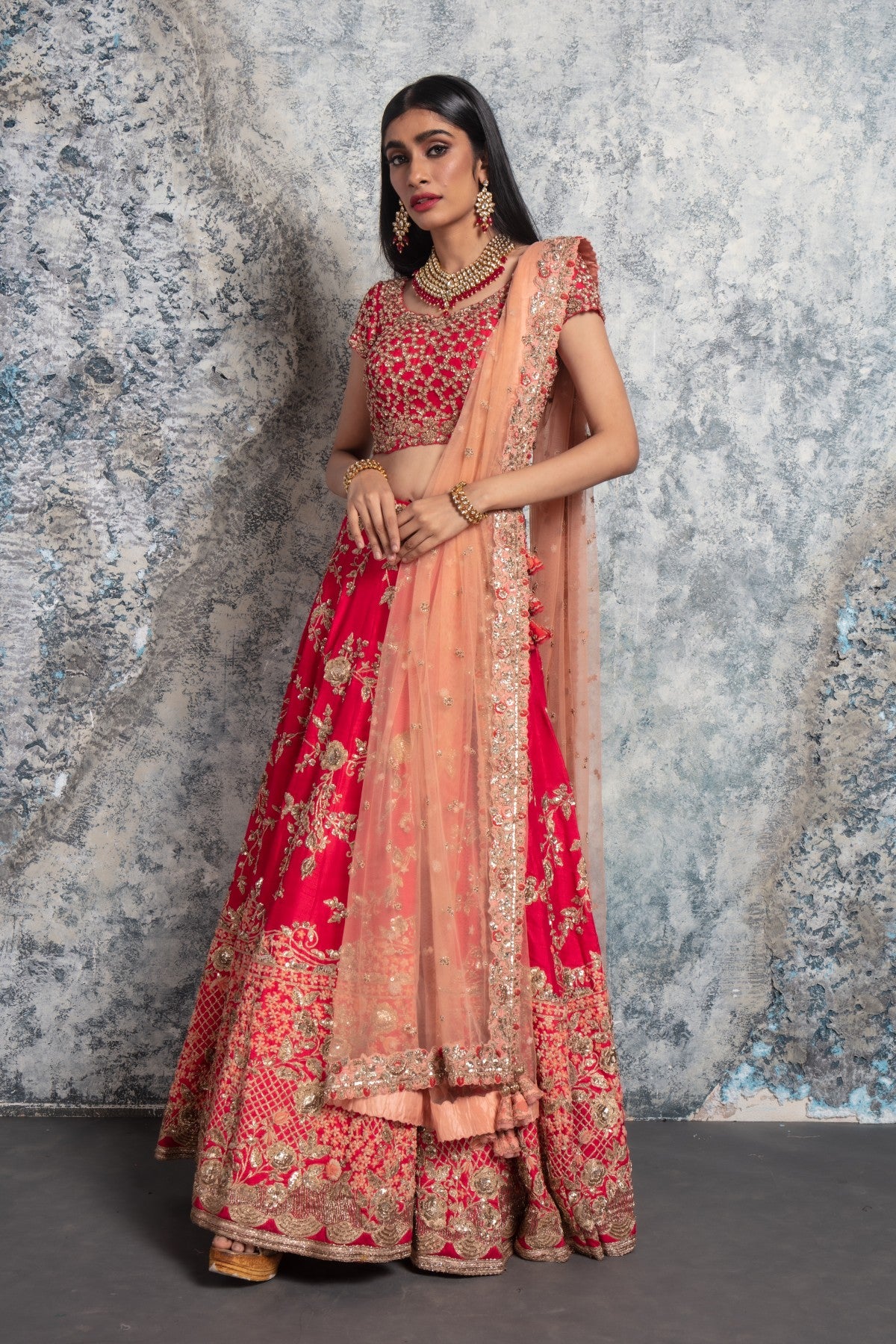 Silk Base Red and Peach Embroidered Lehenga set