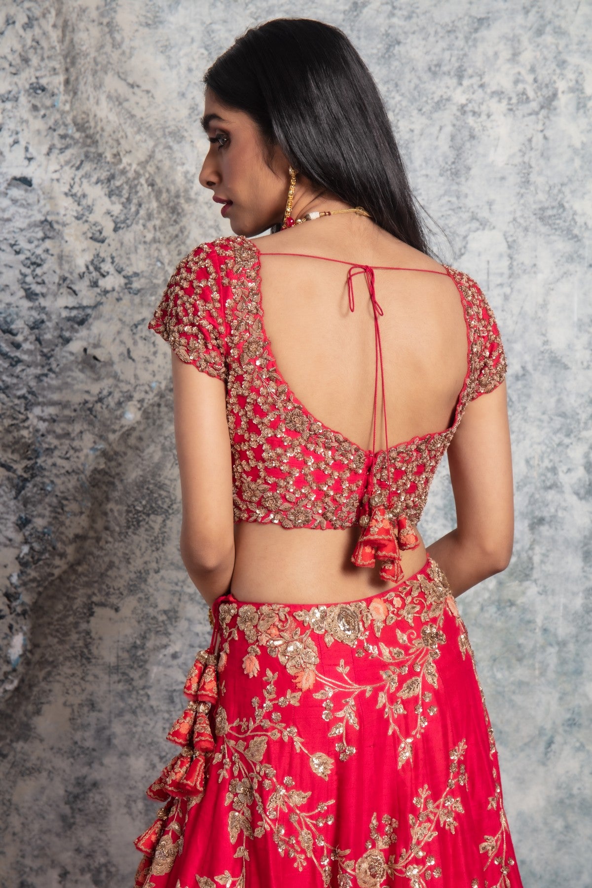 Silk Base Red and Peach Embroidered Lehenga set