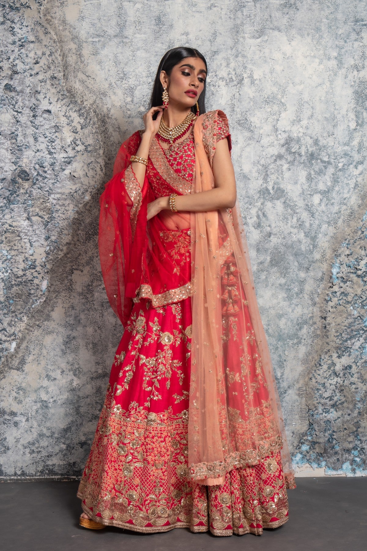 Silk Base Red and Peach Embroidered Lehenga set