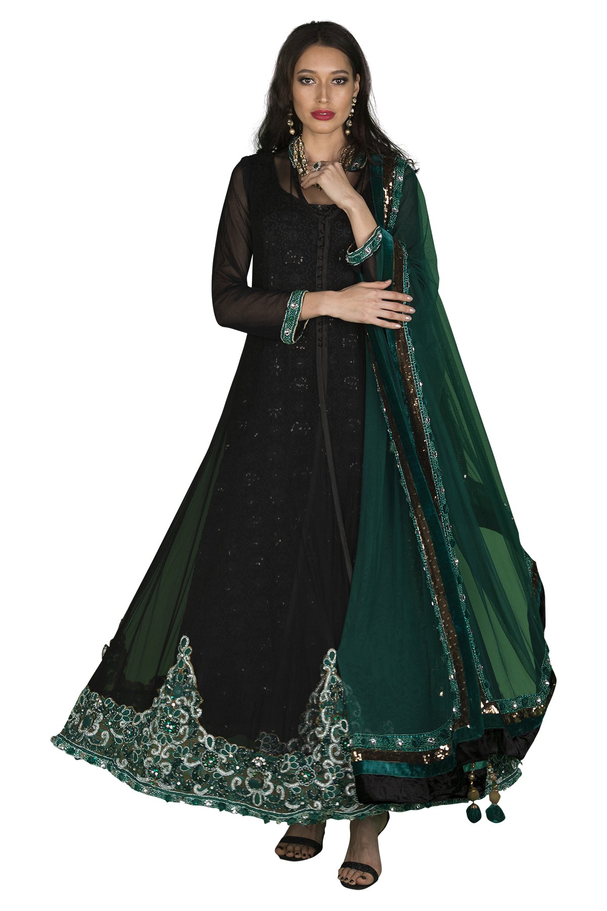 Black and emerald green anarkali set