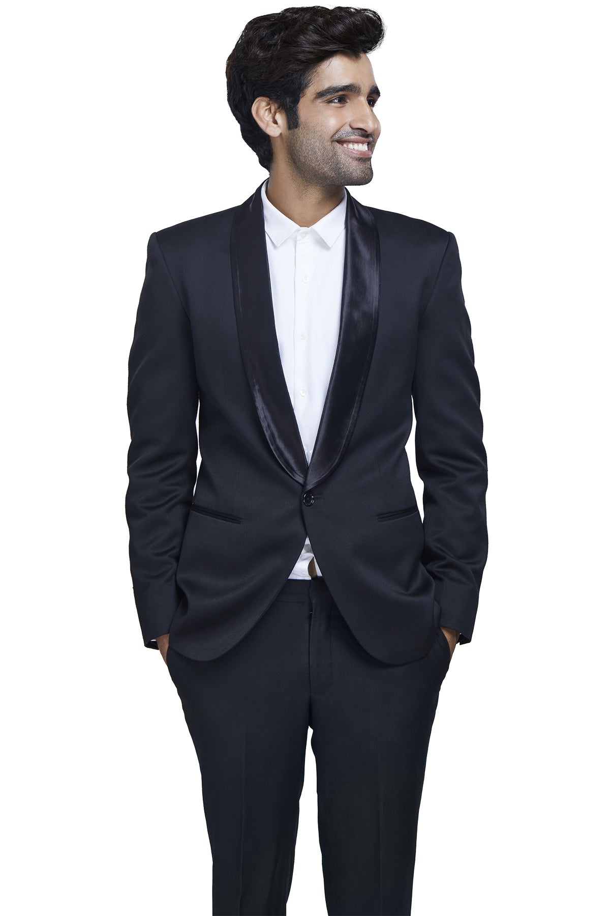 Blaze a statement trail in black! Rent out this dinner jacket with formal black trousers in a woolen polyester blend with satin round lapels for an added finesse.

