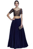 This stylish wide neck navy blue croptop and skirt has a brocade blouse and a flowy plain skirt
