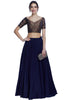 This stylish wide neck navy blue croptop and skirt has a brocade blouse and a flowy plain skirt
