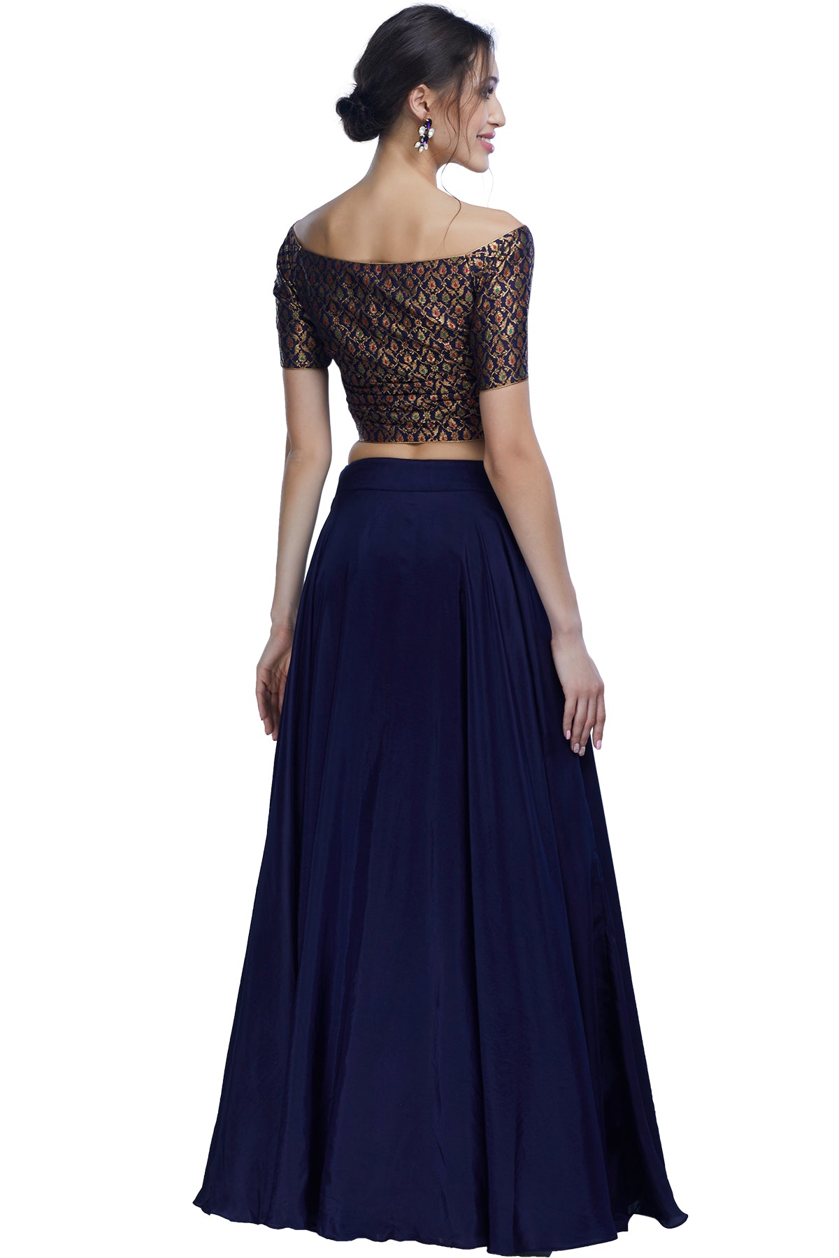 Blue brocade crop-top and skirt