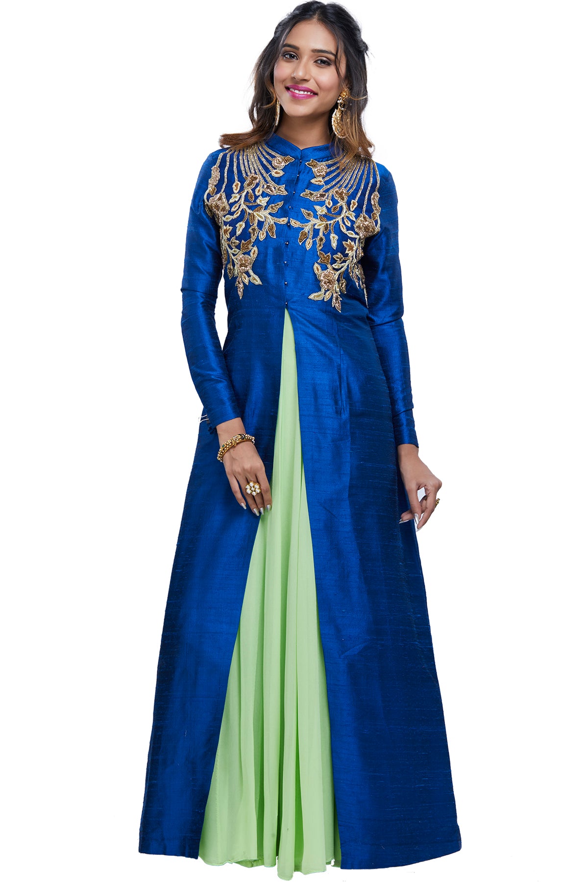 Buy Green Chiffon Embroidery Thread Anarkali Square Tiered With Jacket For  Women by Khwaab by Sanjana Lakhani Online at Aza Fashions.