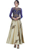 Blue and beige full sleeves indo-western gown with gold embroidery and patchwork sets a bar and makes a statement of its own. 
