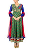 This green anarkali with blue sleeves has hand embroiderey all over bodice to give it a festive look.
