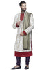 Four piece Ivory sherwani with maroon kurta inside and a purple dupatta and chuddidar is the show-stopper sherwani. Get ready to be the center of attention when you walk around wearing this outfit.

