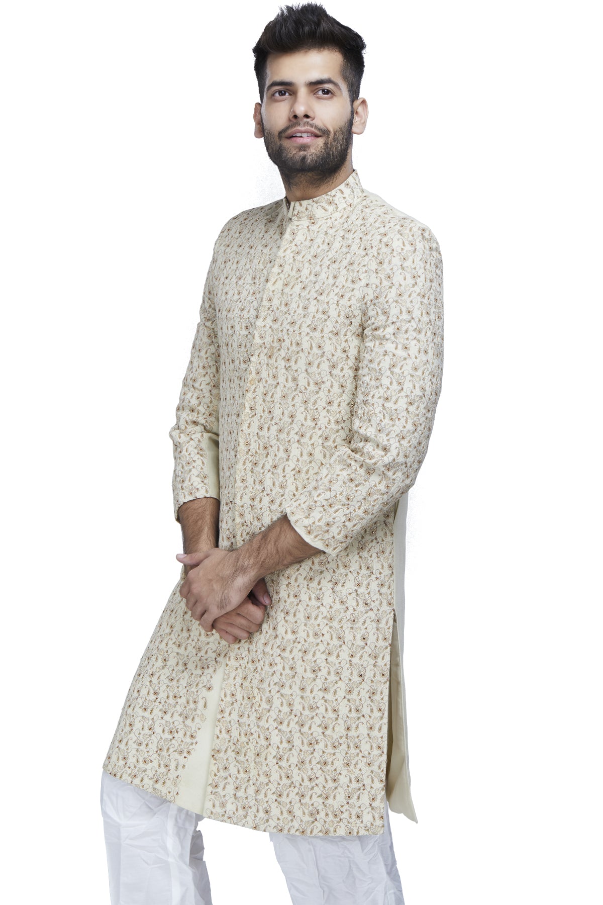 Weaving stories with sentiments - this ivory cotton sherwani transcends time with its white, gold and maroon threadwork.