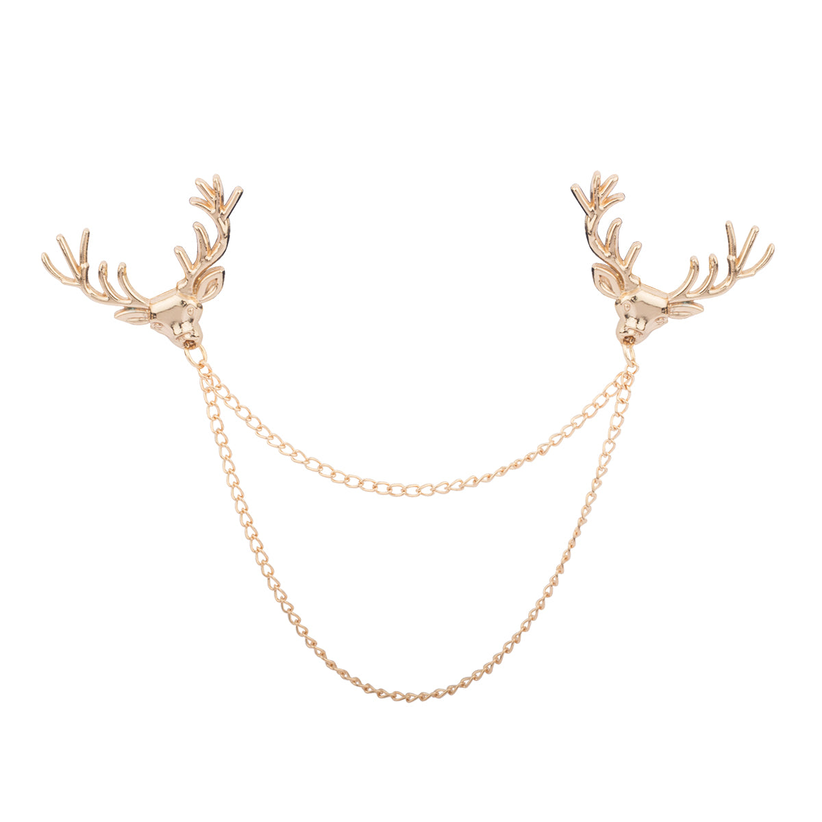 Lending a tinge of luxury to your formal wear, this refined collar pin is set on a gold undertone with a double chained necklace and reindeer on top. 