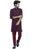 Pay heed to traditional craftsmanship in this maroon kurta set with navy blue threadwork lattice embroidery paired with maroon churidars.