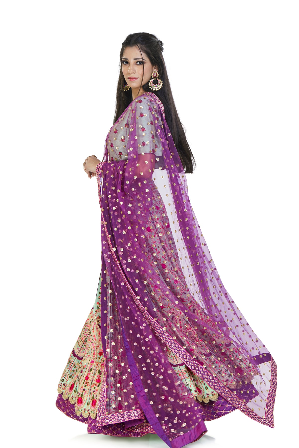 Mint green & purple embroidered lehenga
