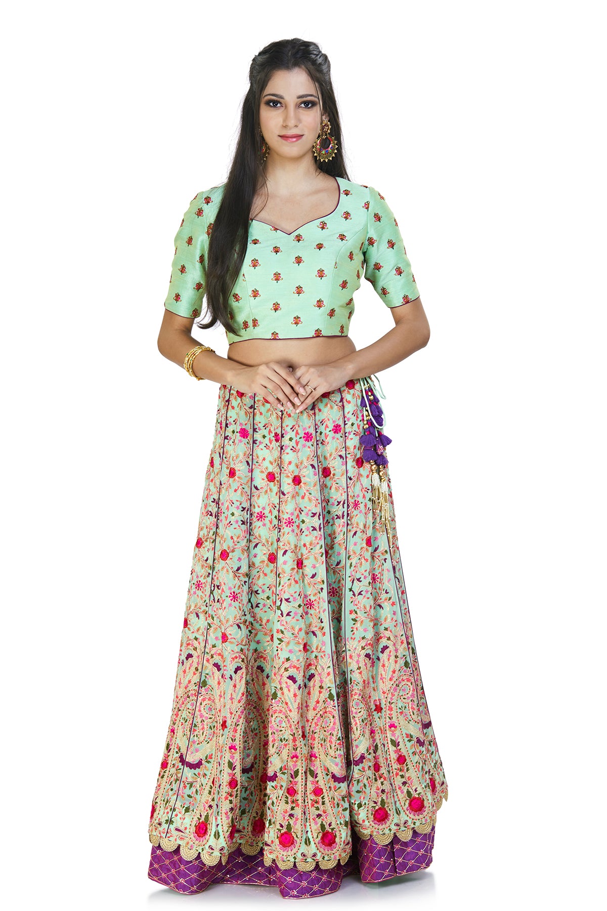 Mint green & purple embroidered lehenga