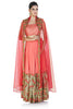 Look mesmerizing in this coral pink lehenga with green and red sequin work that adds the glam factor to this ethnic attire. The red embellished dupatta, when worn as a cape, will enhance the overall look.