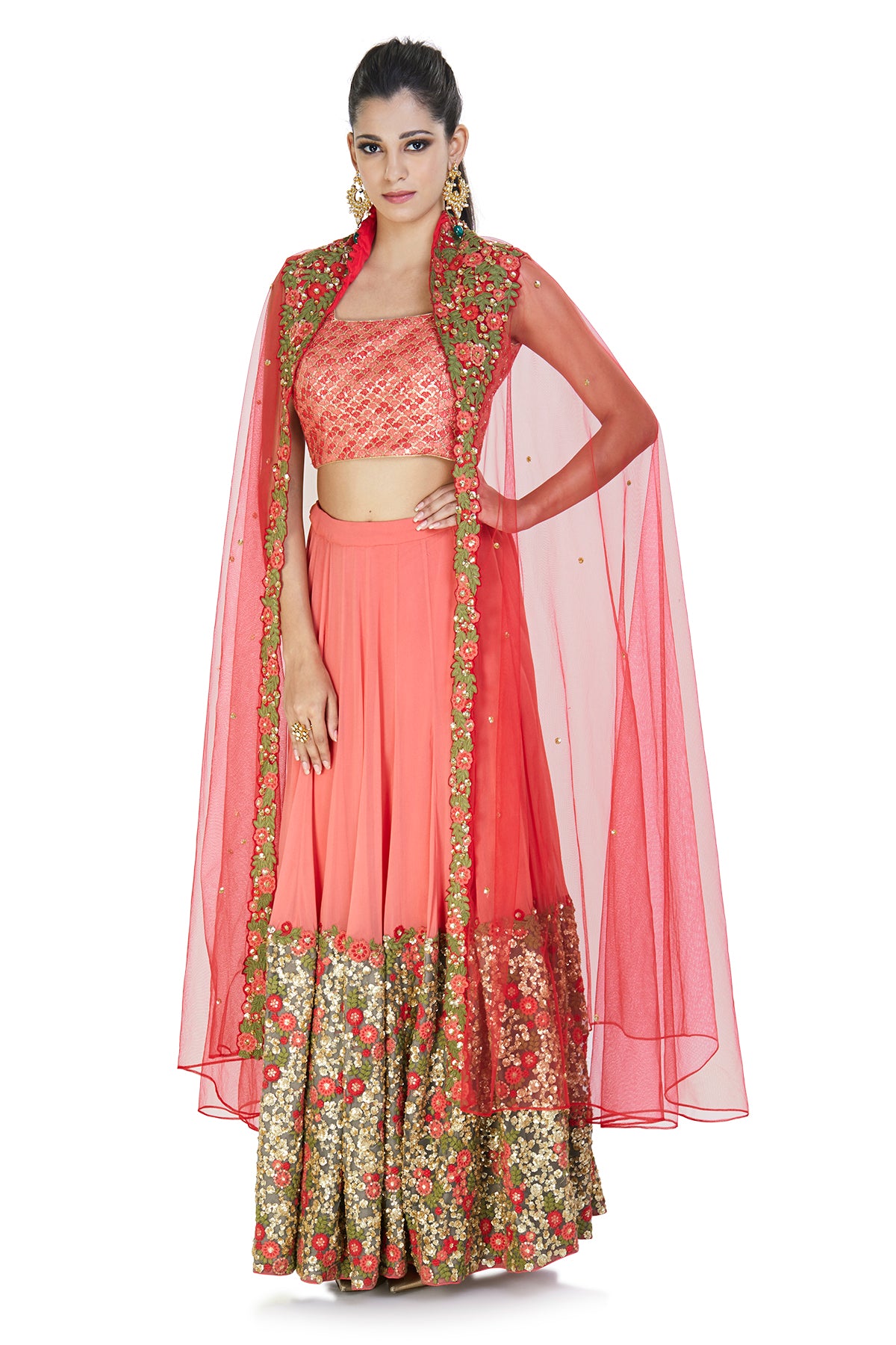 Peach embroidered lehenga with cape dupatta