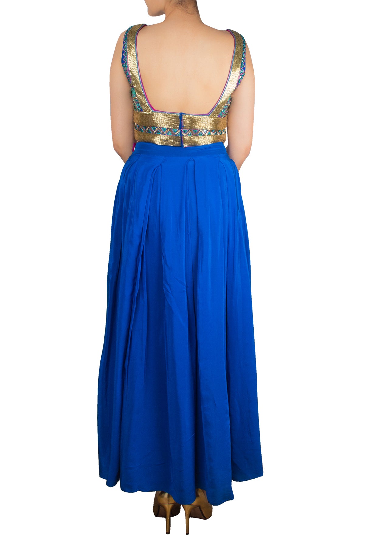 Peacock Mirror Crop Top and Blue Skirt