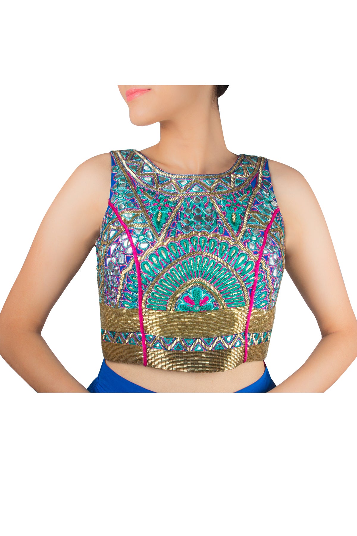Peacock Mirror Crop Top and Blue Skirt