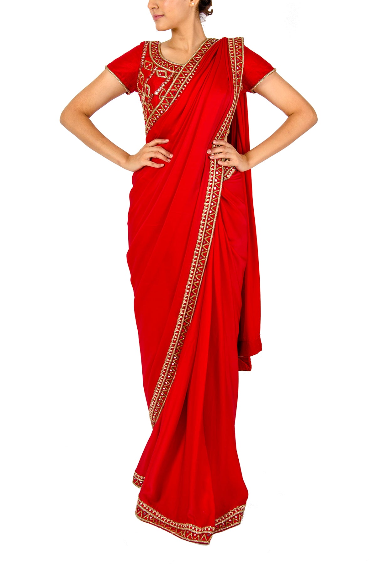 Red Crepe Satin Two Toned Saree With Mirror Work Border On Both Sides. Please note that the blouse and petticoat are not included. The piece flashes itself and turns heads. 