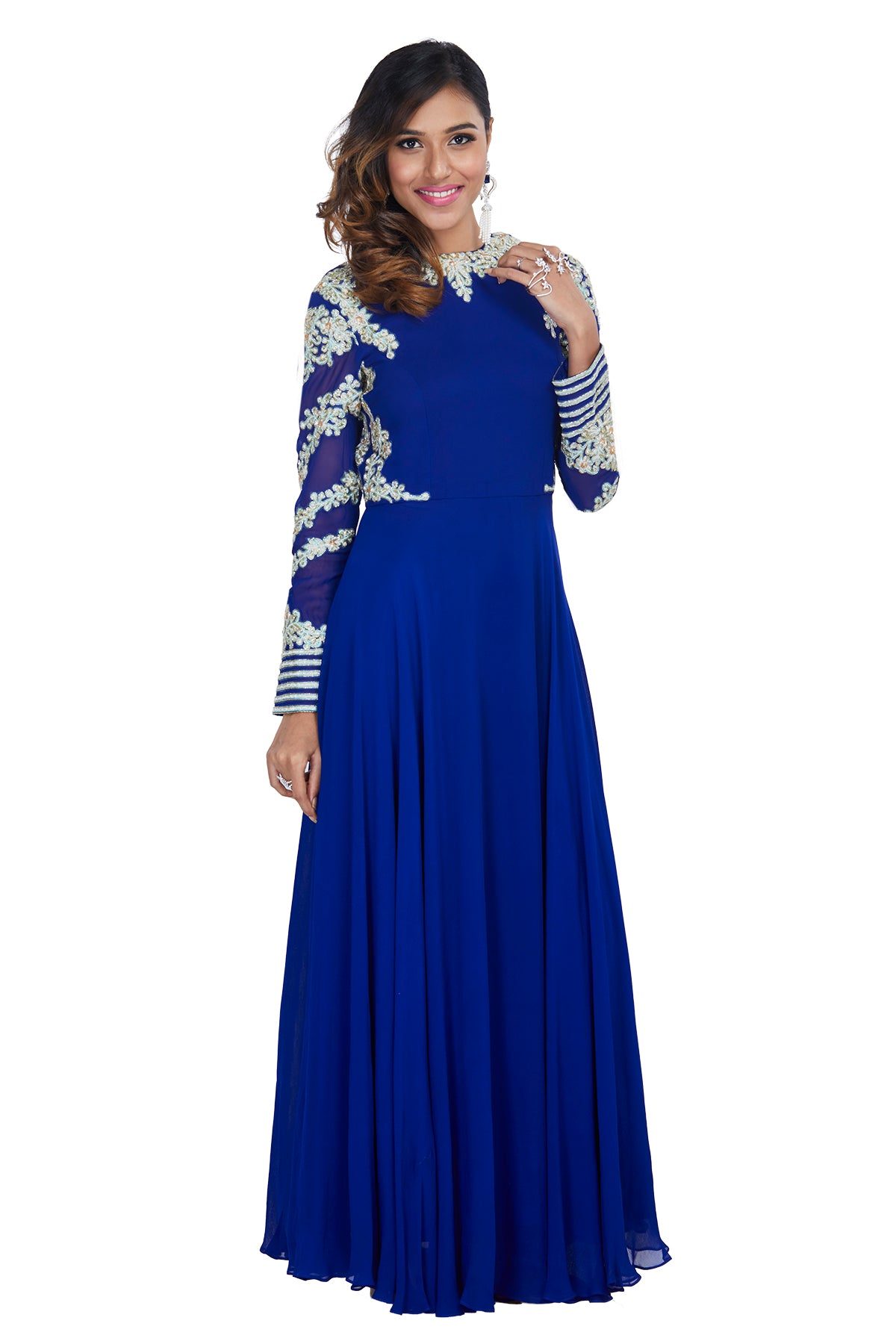 Royal Blue Embroidered Full Sleeve Gown