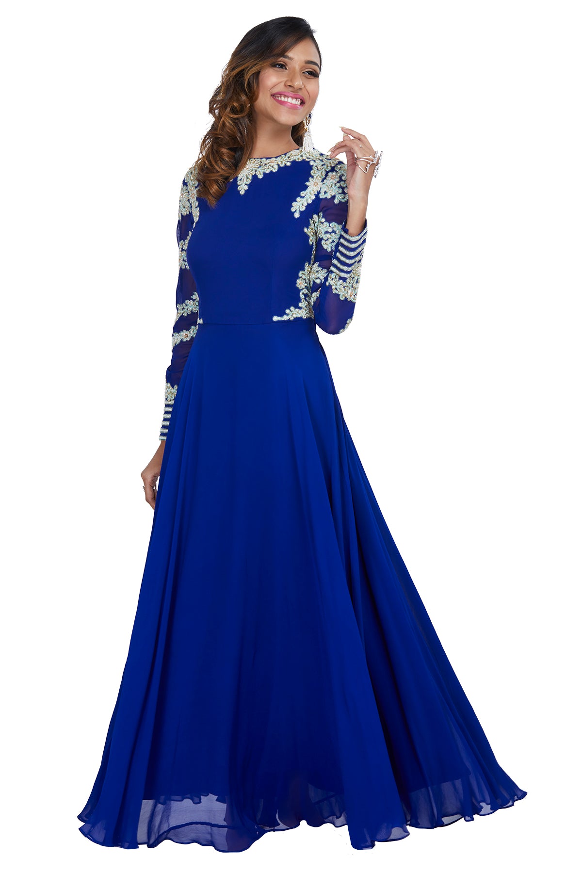 Royal Blue Embroidered Full Sleeve Gown