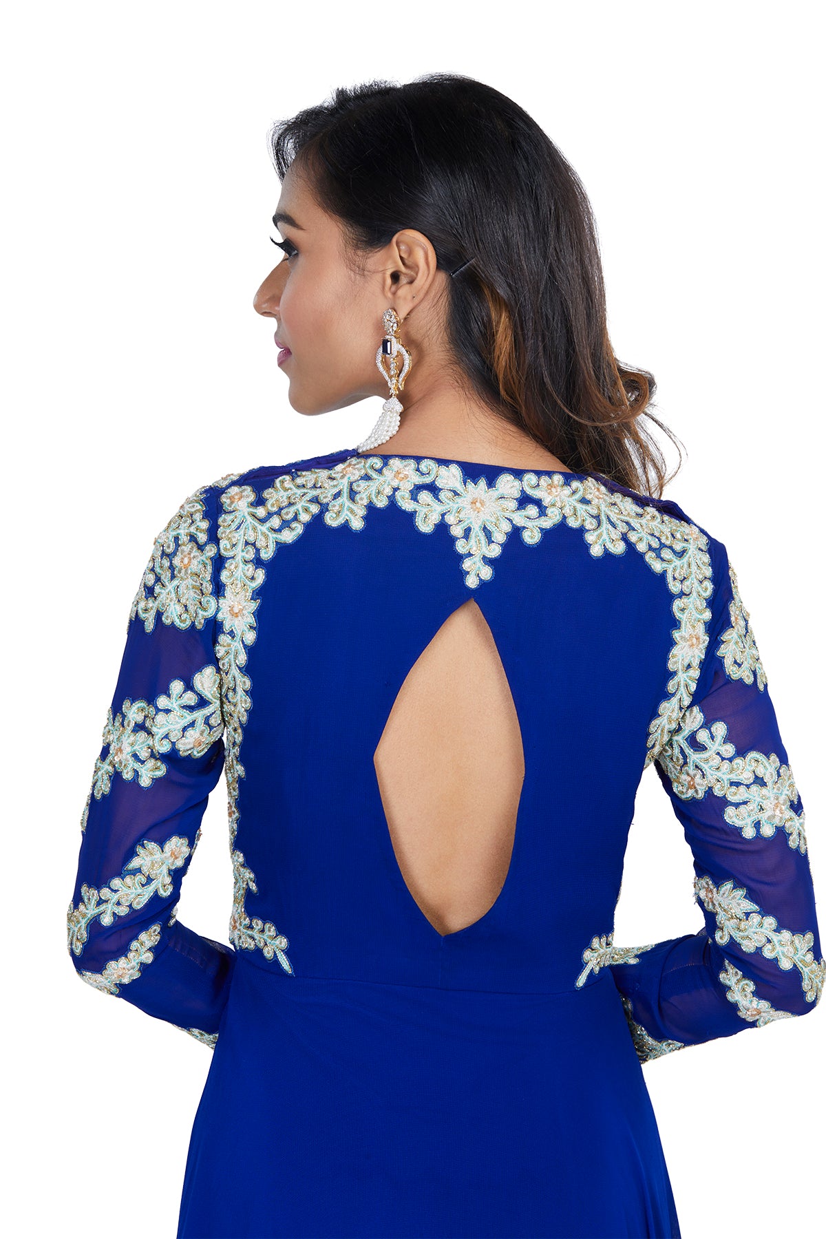Royal Blue Embroidered Full Sleeve Gown