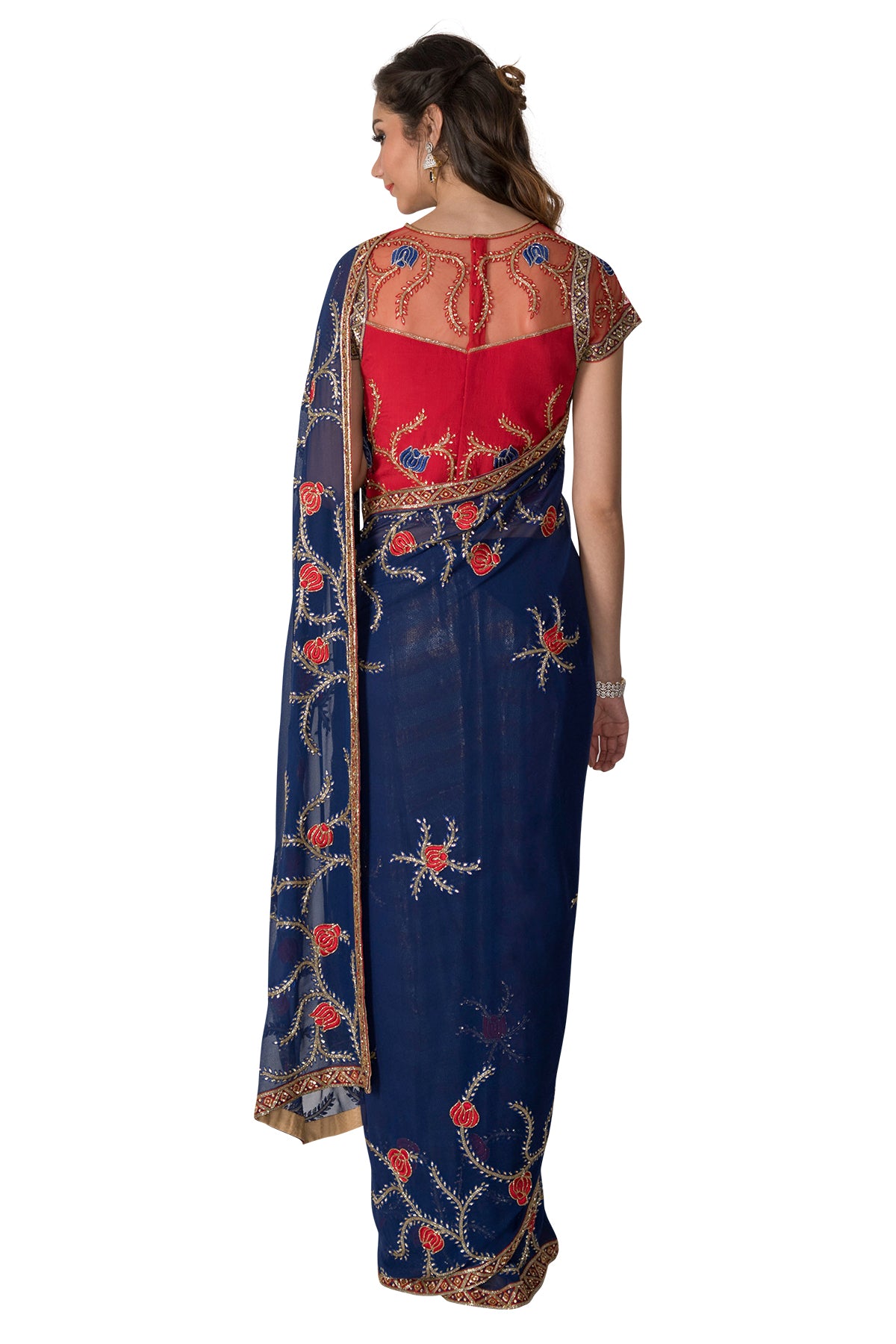 Royal Blue Saree With Red Flowers