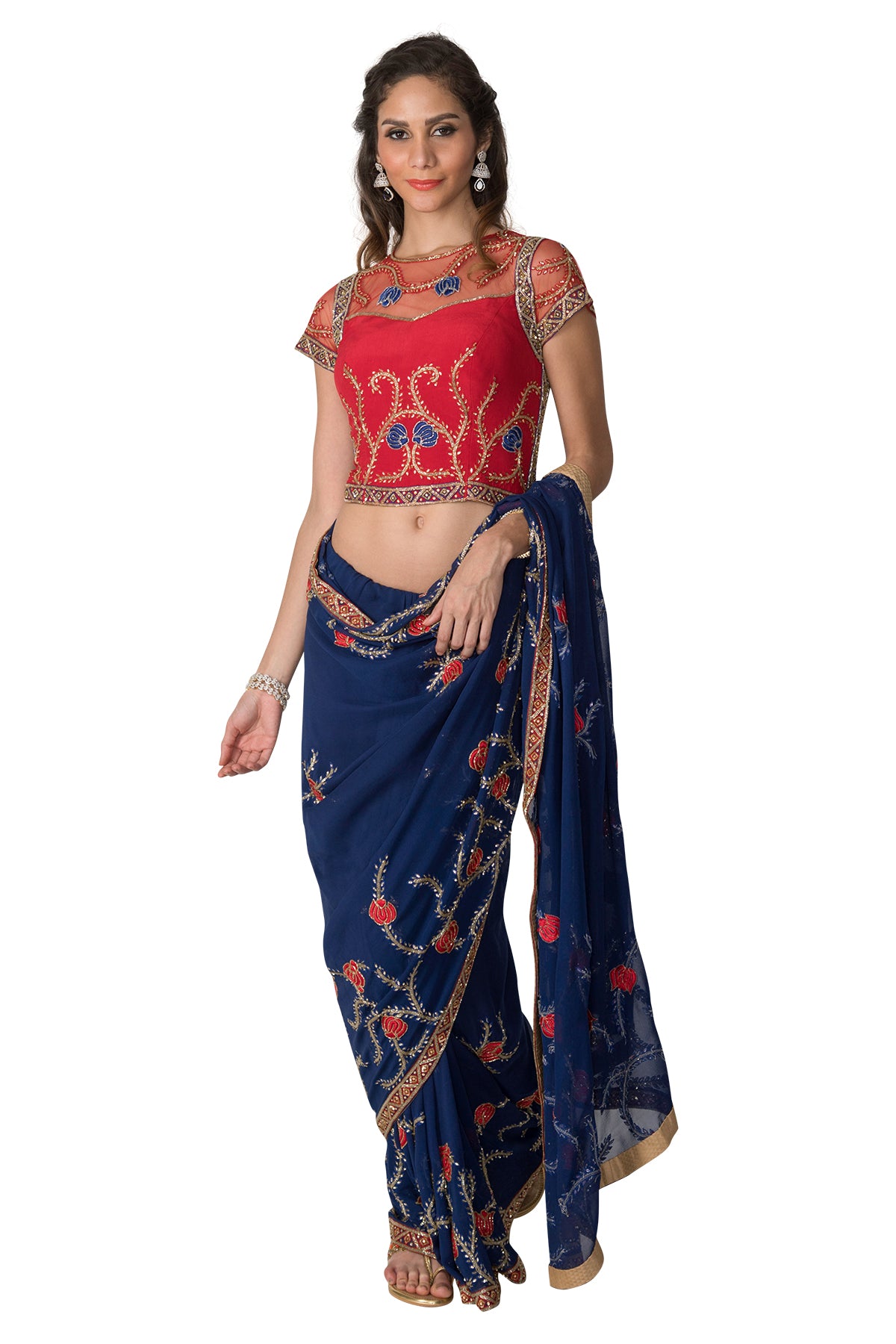 Royal Blue Saree With Red Flowers