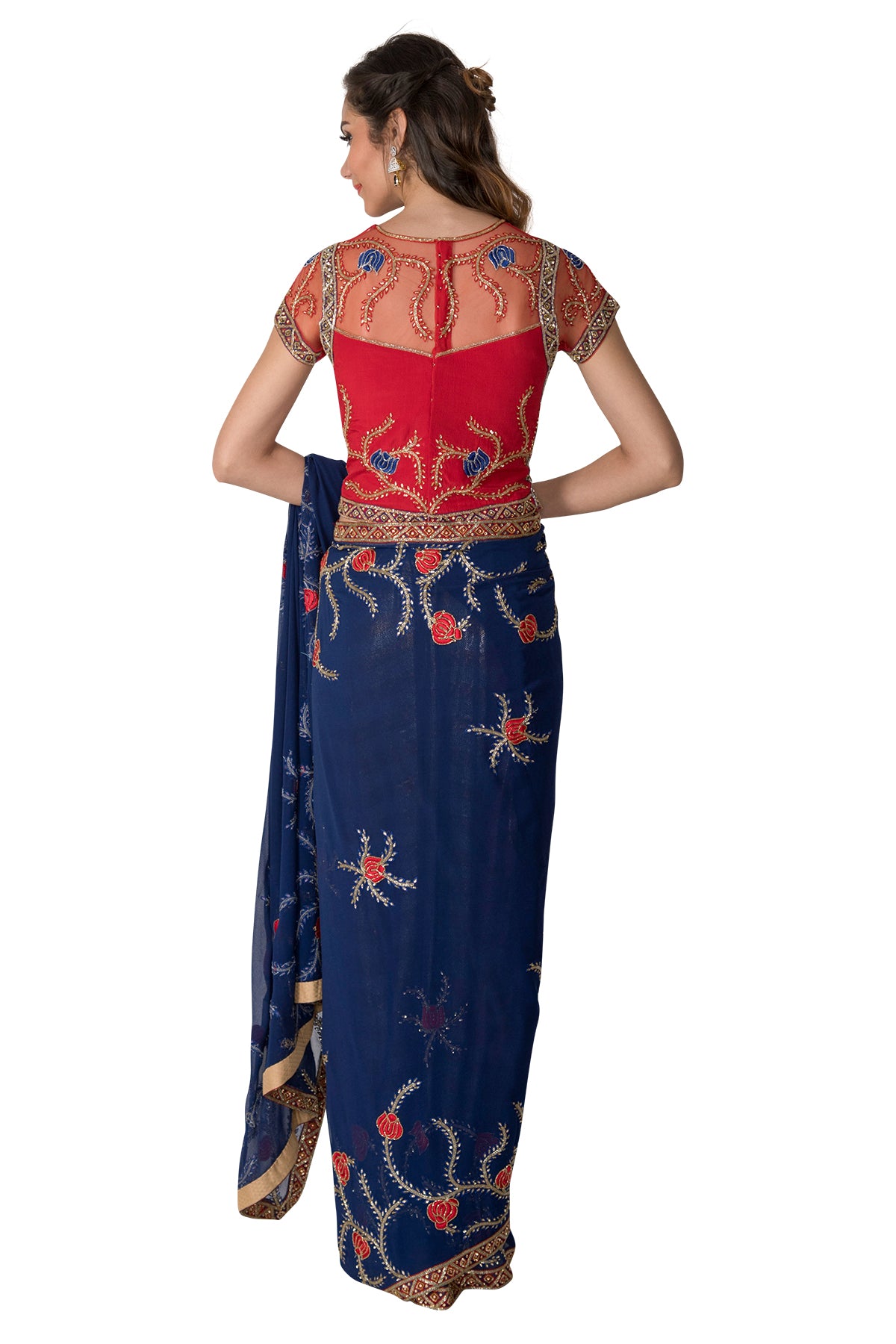 Royal Blue Saree With Red Flowers