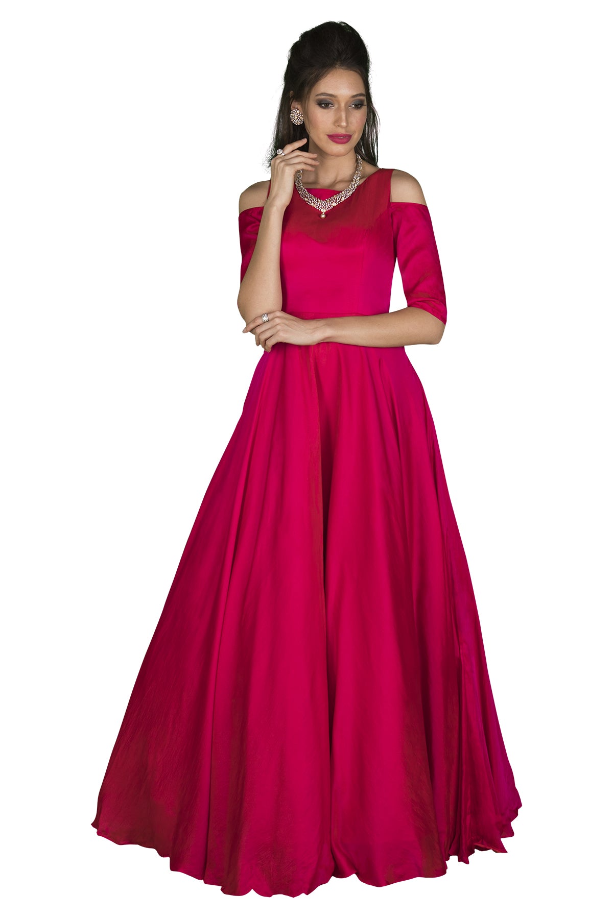 Buy Maroon Velvet Round Embroidered Cold Shoulder Gown For Women by Karleo  Online at Aza Fashions.