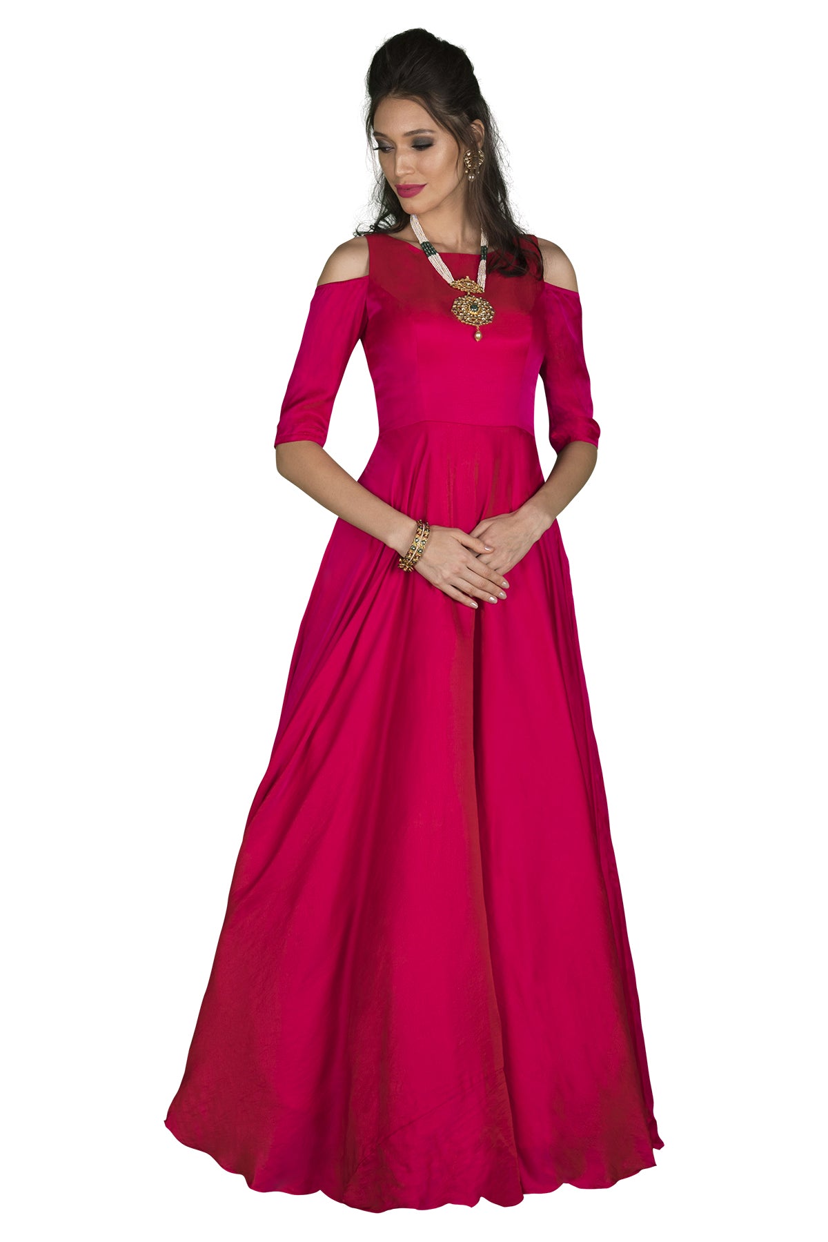 Pink cold shoulder gown