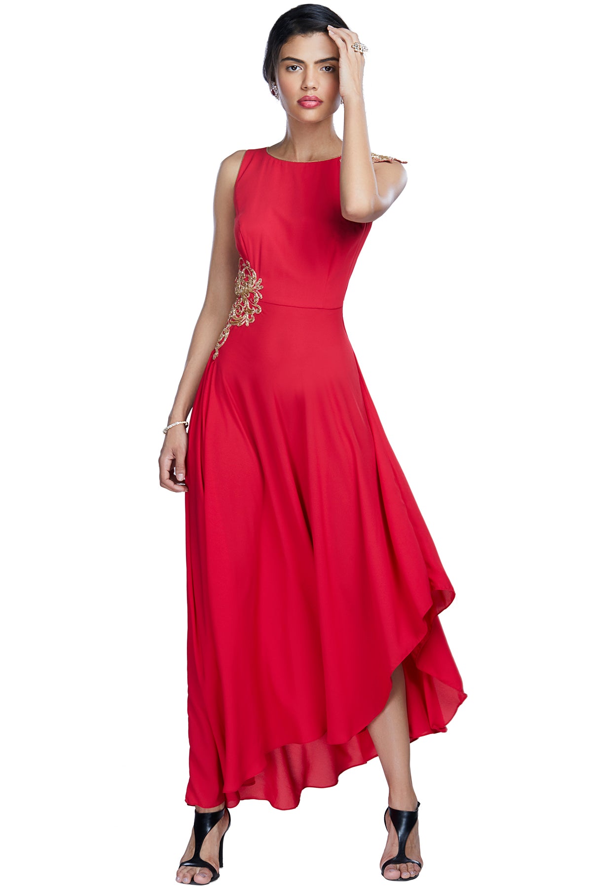 Red asymmetrical gown with butterfly embroidery on shoulder and waist.