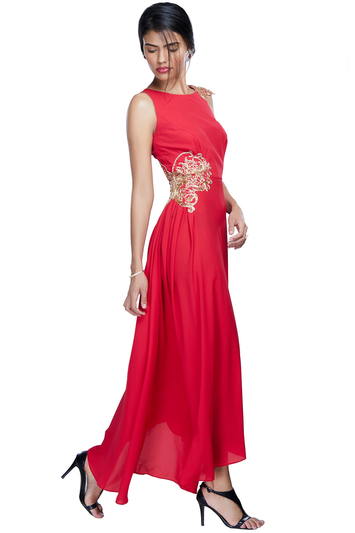 Red asymmetrical gown