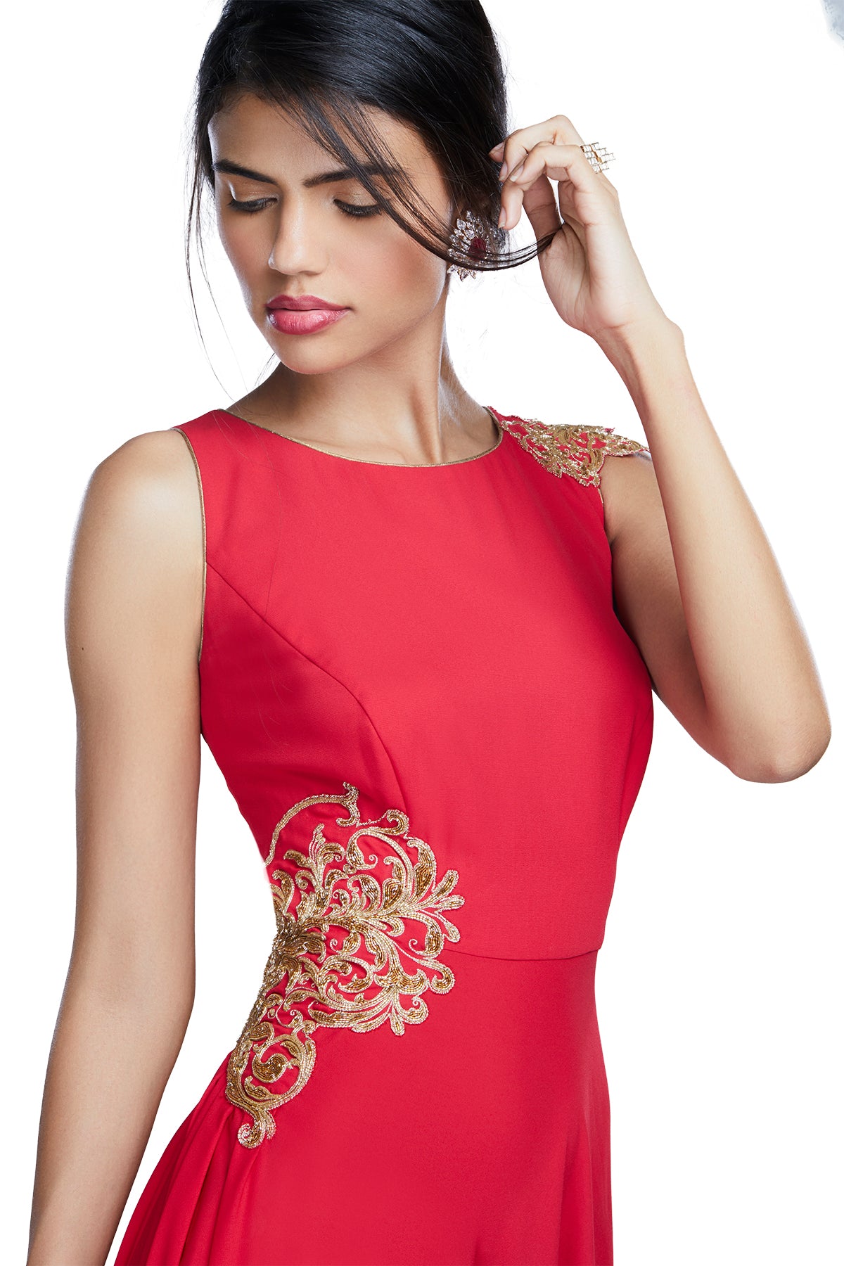 Red asymmetrical gown