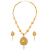 Pearls and gold string together give way to a traditional golf filigree pear-shaped pendant in this piece. It comes with matching earrings with pearl drops to complete your look. 