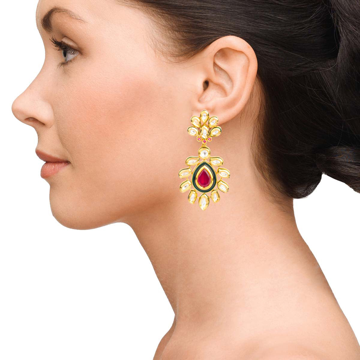 Uncut Dangling Earrings With Red And Green Stones