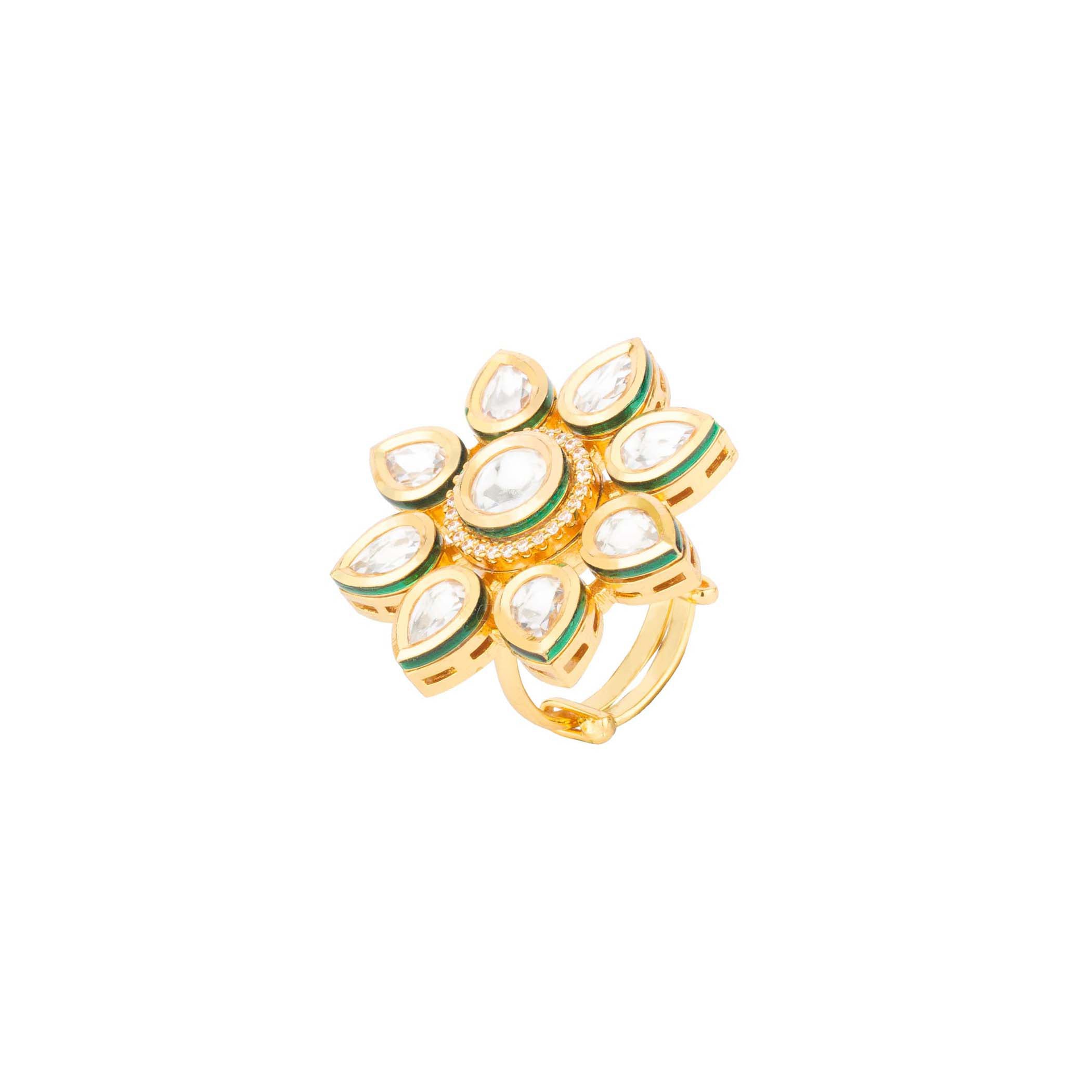 Put a ring on that outfit! This piece finished with imitation polki stones in a floral pattern is set in a mixed-metal alloy. 