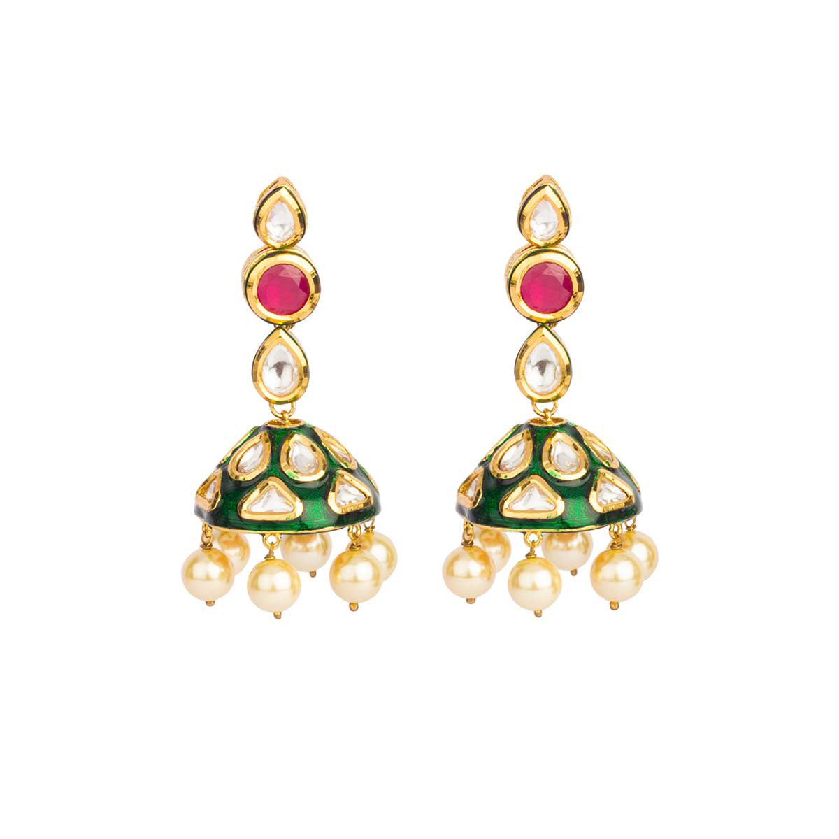 Earthy and overflowing with nostalgia - these uncut earrings are an amalgam of red stones, green jhumkas and pearl drops.