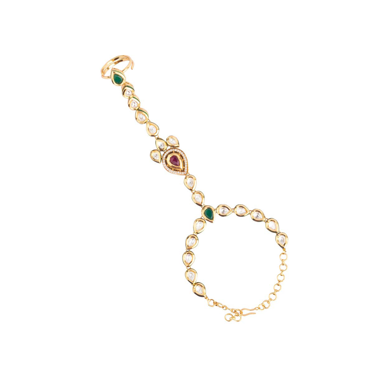 An ornament for any Indian occasion - this ring bracelet in uncut finish kundan is crafted with red & green stones. 