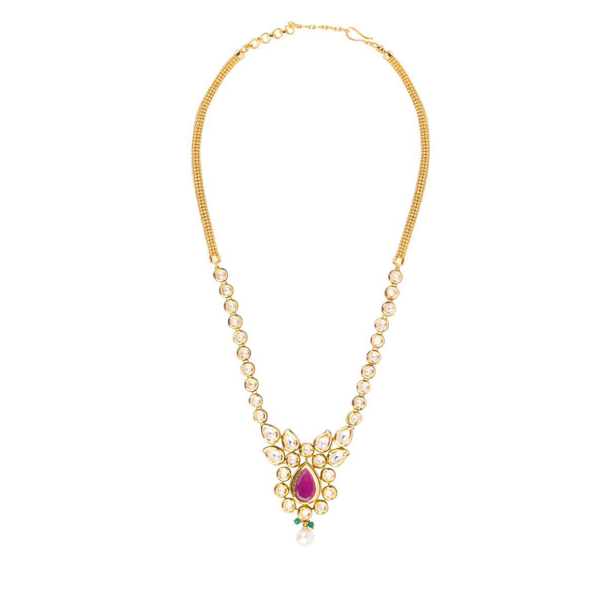 Subtly strung together in a perfect line of uncut stones and bound together by a pear-shaped red stone in the center - this piece is for your traditional attire. 