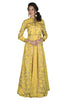 Look smart in this yellow jacket lehenga with silver detailing. It has a sleeveless anarkali/gown on the inside with an embroidered jacket on the top.
