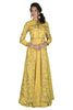 Look smart in this yellow jacket lehenga with silver detailing. It has a sleeveless anarkali/gown on the inside with an embroidered jacket on the top.
