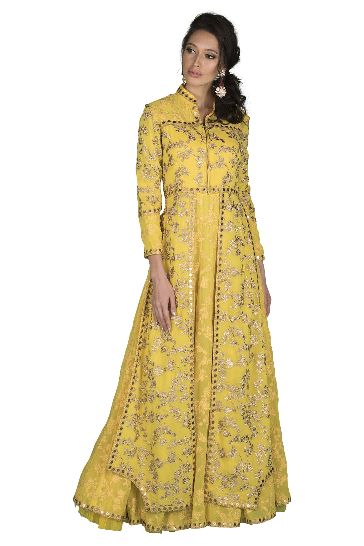 Yellow embroidered jacket gown