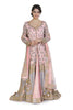 You can never go wrong with this heavy but classy baby pink colored lehenga. It comes with a long and elegant top embroidered with golden and blue work with a train as well as an intricately embroidered net dupatta.