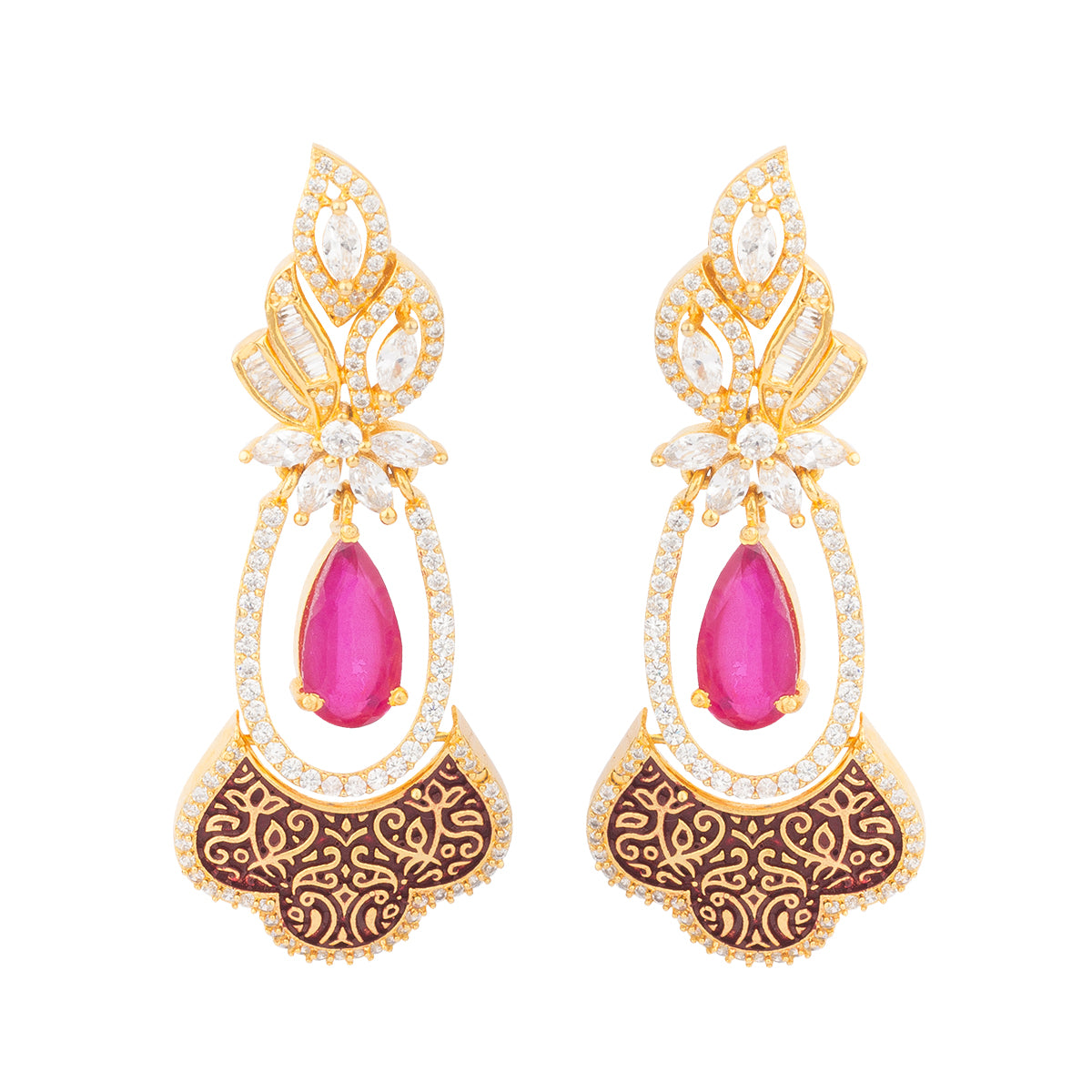 This earring is curated with shiny crystals, red tear drop shapped stone in the middle and beautiful design at the bottom.