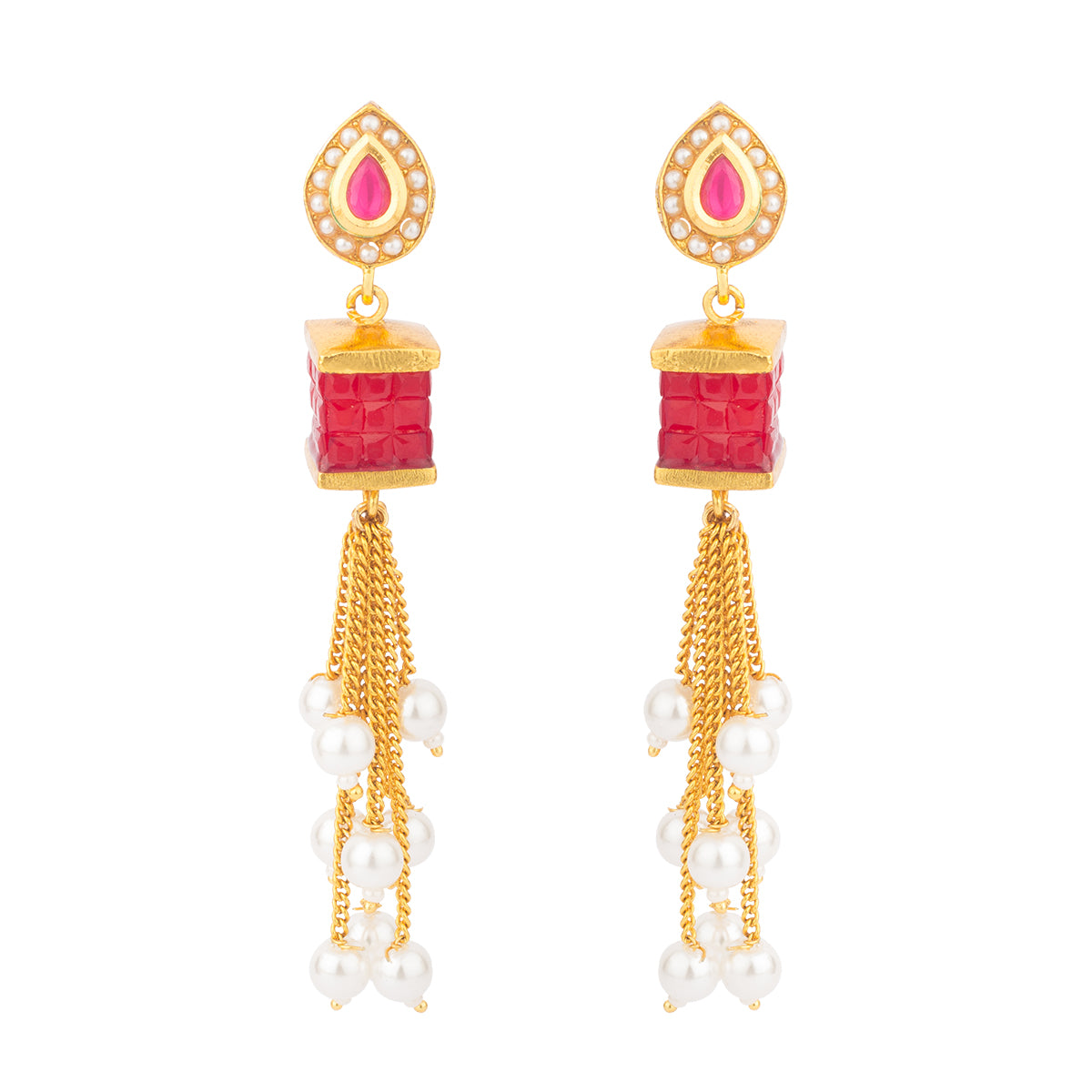 With a lovely color, this earring is carved in a box shaped stone and strings hanging with pearls making it uniquely gorgeous.
