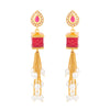 With a lovely color, this earring is carved in a box shaped stone and strings hanging with pearls making it uniquely gorgeous.